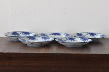 明治〜大正　其王軒豊吉製　柘榴文　染付皿5枚(中皿、和食器)(R-045488)