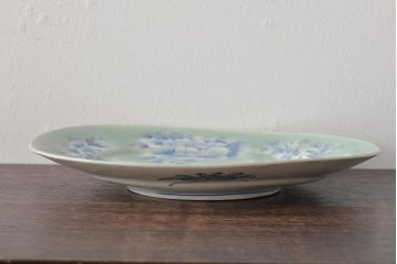 明治期　花籠図　染付　楕円皿(伊万里焼、和食器)(R-045489)