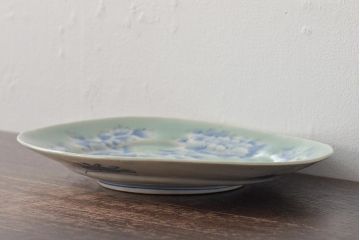 明治期　花籠図　染付　楕円皿(伊万里焼、和食器)(R-045489)