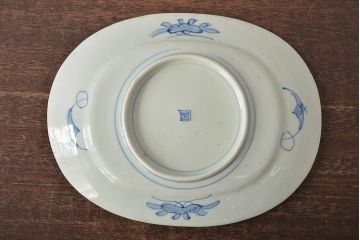 明治期　花籠図　染付　楕円皿(伊万里焼、和食器)(R-045489)