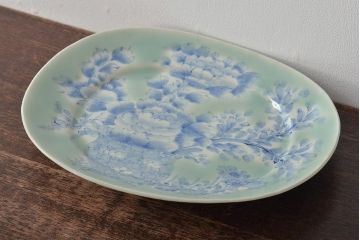 明治期　花籠図　染付　楕円皿(伊万里焼、和食器)(R-045489)
