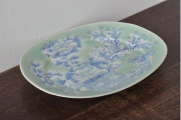 明治期　花籠図　染付　楕円皿(伊万里焼、和食器)(R-045489)