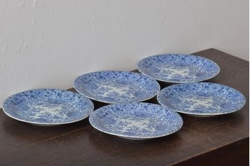 大正〜昭和初期　花蝶文6寸印判皿5枚(伊万里焼、和食器)(R-045495)