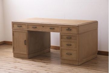 アンティーク家具　昭和中期　ストリップド(剥離)　ナラ材　組立て式　優しい色合いの木肌が素敵な両袖デスク(机、在宅ワーク、在宅用ワークデスク、作業台)(R-045519)