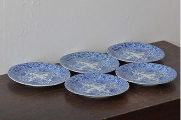 大正〜昭和初期　花蝶文6寸印判皿5枚(伊万里焼、和食器)(R-045521)