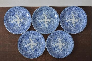 大正〜昭和初期　花蝶文6寸印判皿5枚(伊万里焼、和食器)(R-045521)