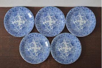 大正〜昭和初期　花蝶文6寸印判皿5枚(伊万里焼、和食器)(R-045526)