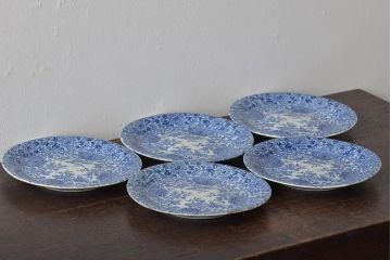 大正〜昭和初期　花蝶文6寸印判皿5枚(伊万里焼、和食器)(R-045527)