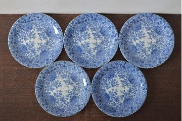 大正〜昭和初期　花蝶文6寸印判皿5枚(伊万里焼、和食器)(R-045527)