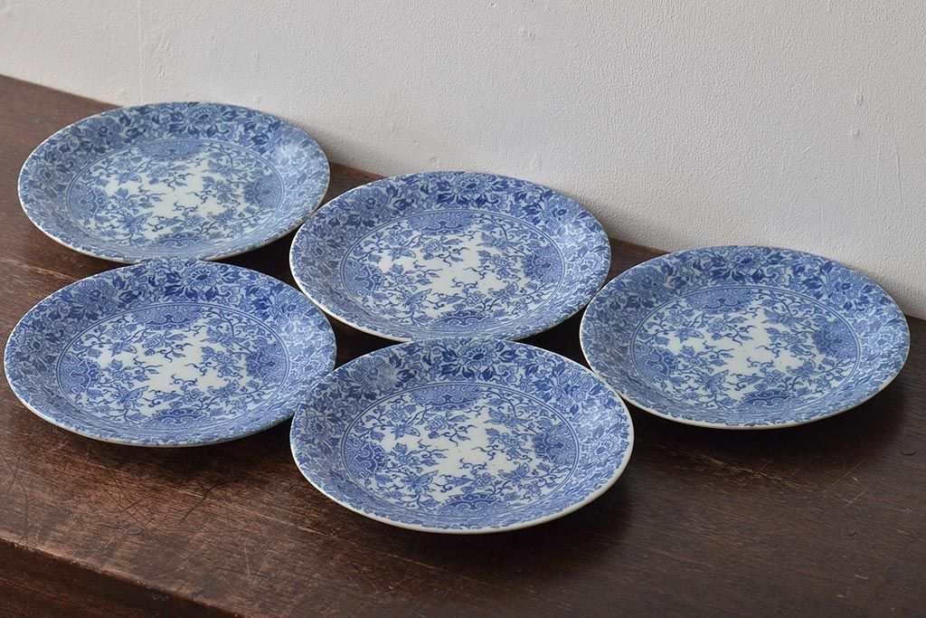 大正〜昭和初期　花蝶文6寸印判皿5枚(伊万里焼、和食器)(R-045528)