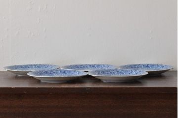 大正〜昭和初期　花蝶文6寸印判皿5枚(伊万里焼、和食器)(R-045528)