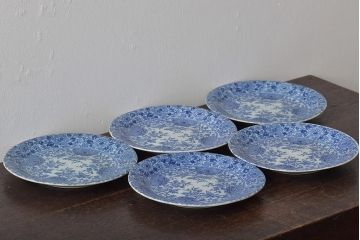 大正〜昭和初期　花蝶文6寸印判皿5枚(伊万里焼、和食器)(R-045528)