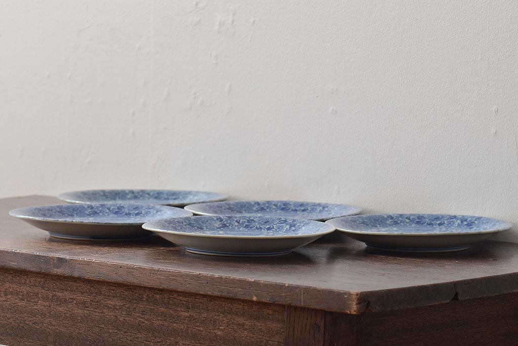 大正〜昭和初期　花蝶文6寸印判皿5枚(伊万里焼、和食器)(R-045528)