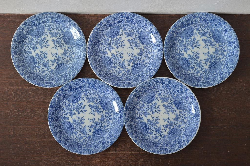 大正〜昭和初期　花蝶文6寸印判皿5枚(伊万里焼、和食器)(R-045528)