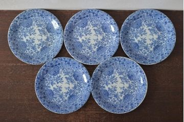 大正〜昭和初期　花蝶文6寸印判皿5枚(伊万里焼、和食器)(R-045528)