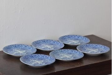 大正〜昭和初期　花蝶文6寸印判皿6枚(伊万里焼、和食器)(R-045529)