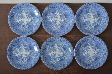大正〜昭和初期　花蝶文6寸印判皿6枚(伊万里焼、和食器)(R-045529)