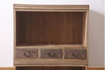 アンティーク家具　昭和初期　ストリップド(剥離)　すっきりとした佇まいのレトロなガラス戸棚(収納棚、食器棚、キャビネット)(R-045532)