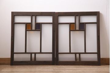 ラフジュ工房オリジナル　古建具リメイク　ダイヤガラス・すりガラス・花菱文様ガラス　大正ロマン薫るキャビネット(ガラス戸棚、収納棚)(R-045559)