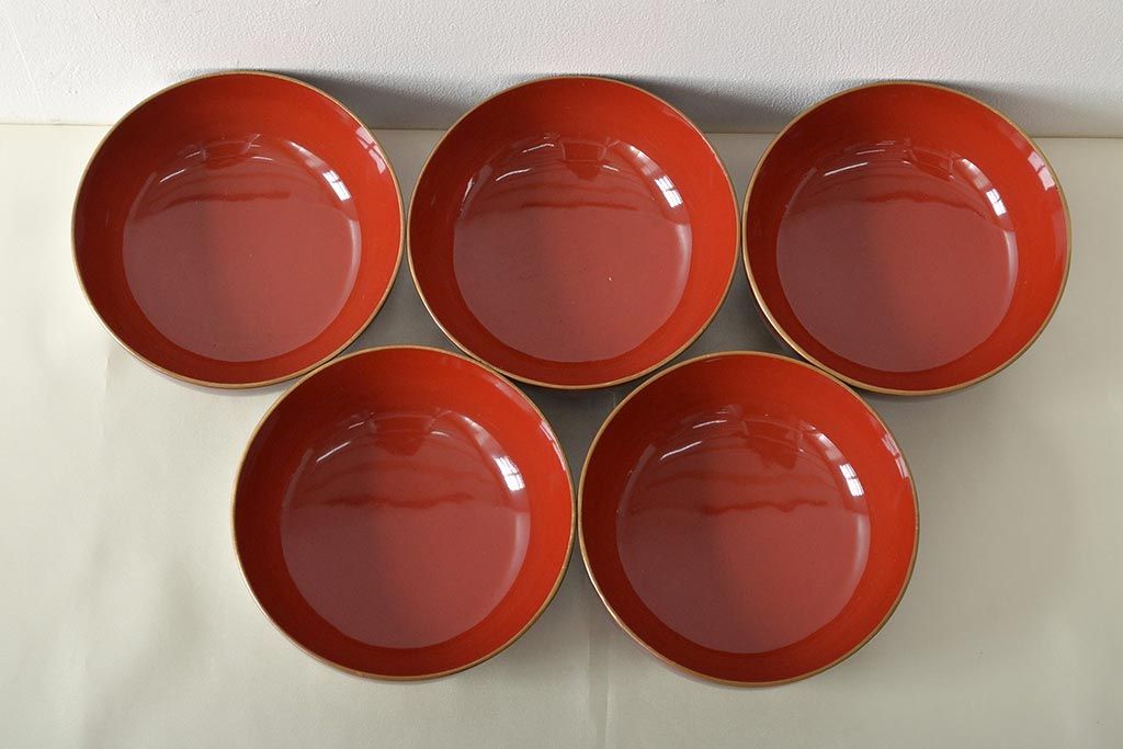 大正〜昭和初期　梅に松ぼっくり　折鶴蒔絵　木製椀5客(蓋付き椀、お椀)(R-045610)