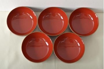 大正〜昭和初期　梅に松ぼっくり　折鶴蒔絵　木製椀5客(蓋付き椀、お椀)(R-045610)