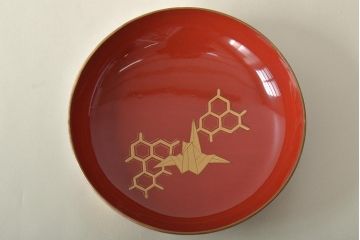 大正〜昭和初期　梅に松ぼっくり　折鶴蒔絵　木製椀5客(蓋付き椀、お椀)(R-045610)