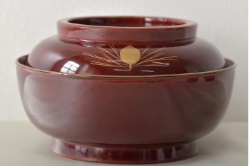 大正〜昭和初期　梅に松ぼっくり　折鶴蒔絵　木製椀5客(蓋付き椀、お椀)(R-045610)