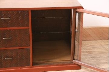 アンティーク家具　指物家具　網代編み　三方桐材　飾り棚付きの小引き出し(戸棚、収納棚)(R-045625)