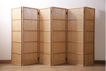 中古　夏屏風　簾屏風　茶道具　六連衝立　6枚折り花寄せ屏風(つい立て、パーテーション)(R-045632)