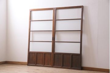 アンティーク建具　昭和中期　すり・クリアガラス　昔懐かしい雰囲気漂うガラス戸2枚セット(引き戸、建具)(R-045634)
