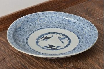 江戸期　古伊万里　大明成化年製　一尺五寸　線描き花唐草染付　大皿(47cm)(R-045662)