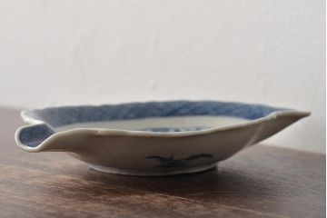 嘉慶年製 古染付 楼閣山水文葉皿(中国)(R-045672)