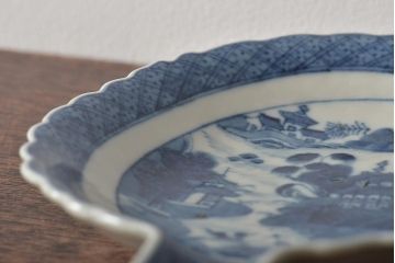 嘉慶年製 古染付 楼閣山水文葉皿(中国)(R-045672)