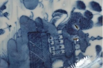 嘉慶年製 古染付 楼閣山水文葉皿(中国)(R-045672)