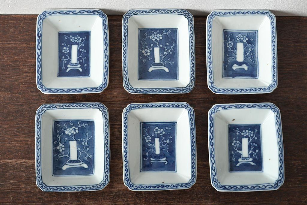 江戸期　梅の図　和の空間を彩るアンティークの染付小皿6枚セット(角皿、和食器)(R-045676)