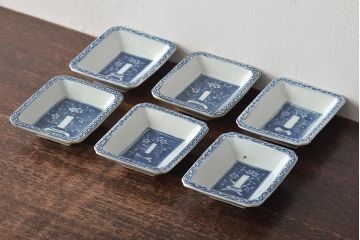 江戸期　梅の図　和の空間を彩るアンティークの染付小皿6枚セット(角皿、和食器)(R-045676)
