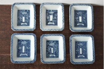 江戸期　梅の図　和の空間を彩るアンティークの染付小皿6枚セット(角皿、和食器)(R-045677)