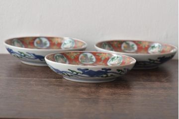 江戸期　古伊万里　大明嘉靖年製　花鳥図　色絵染付小皿3枚セット(R-045685)