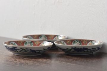 江戸期　古伊万里　大明嘉靖年製　花鳥図　色絵染付小皿3枚セット(R-045685)