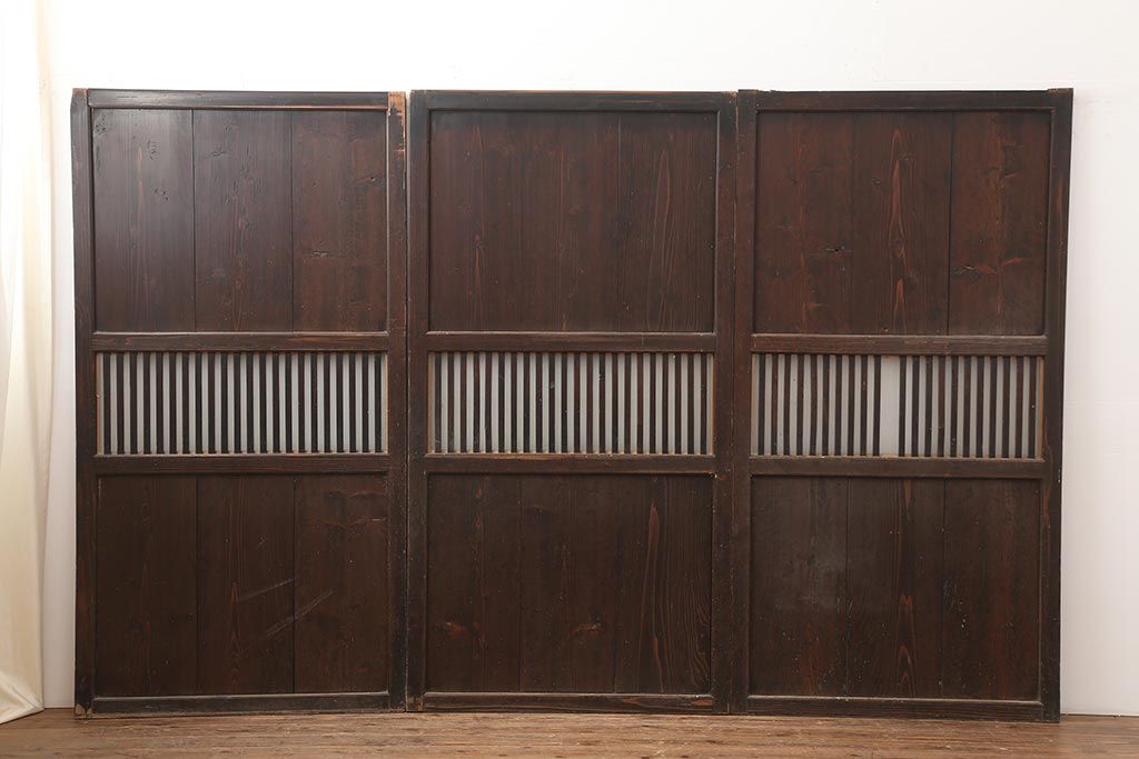 アンティーク建具　明治期　和空間や古民家スタイルにおすすめな格子帯戸3枚セット(ガラス帯戸、引き戸、建具)(R-045699)