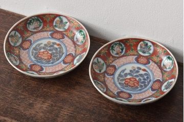 江戸期　古伊万里　大明嘉靖年製　花鳥図　色絵染付小皿2枚セット(R-045717)