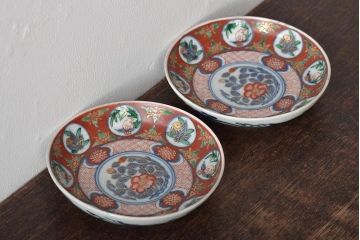 江戸期　古伊万里　大明嘉靖年製　花鳥図　色絵染付小皿2枚セット(R-045717)