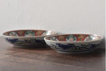 江戸期　古伊万里　大明嘉靖年製　花鳥図　色絵染付小皿2枚セット(R-045717)