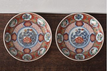 江戸期　古伊万里　大明嘉靖年製　花鳥図　色絵染付小皿2枚セット(R-045717)