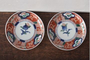 江戸期　古伊万里　花鳥図　色絵小皿2枚セット(R-045718)