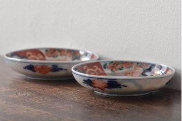 江戸期　古伊万里　花鳥図　色絵小皿2枚セット(R-045719)