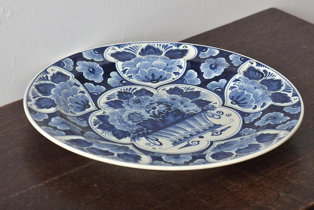 オランダ　DELFT(デルフト)　ブルーハンドペイント　花絵　花籠図　プレート35cm(洋食器、大皿)(R-045724)