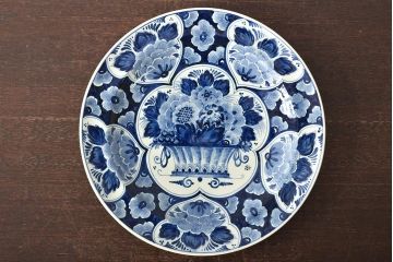 オランダ　DELFT(デルフト)　ブルーハンドペイント　花絵　花籠図　プレート35cm(洋食器、大皿)(R-045724)