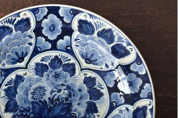 オランダ　DELFT(デルフト)　ブルーハンドペイント　花絵　花籠図　プレート35cm(洋食器、大皿)(R-045724)