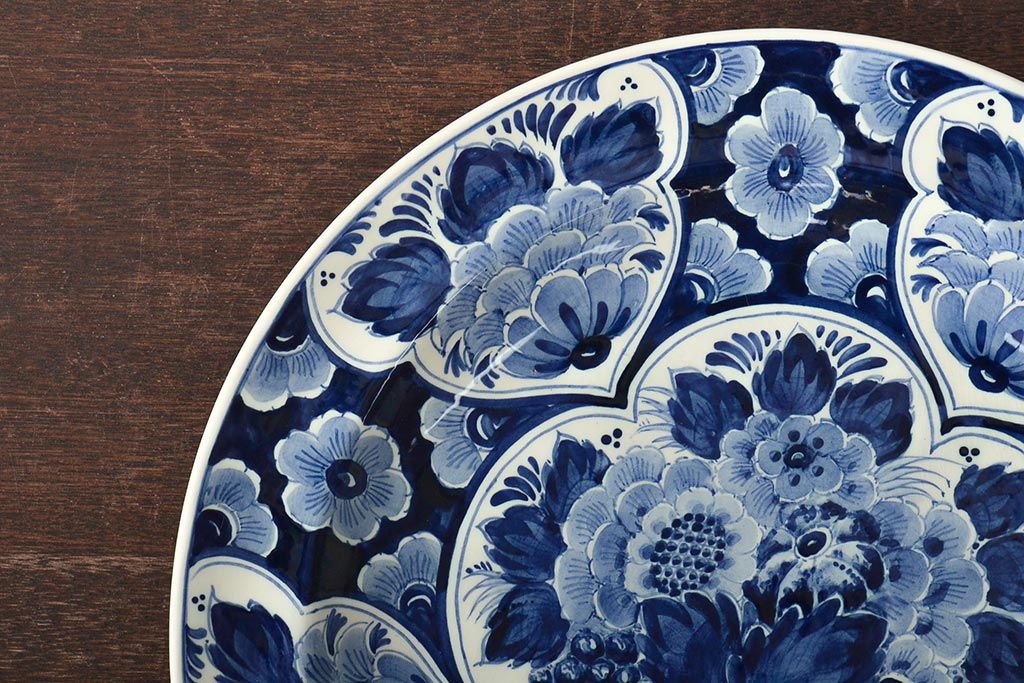 オランダ　DELFT(デルフト)　ブルーハンドペイント　花絵　花籠図　プレート35cm(洋食器、大皿)(R-045724)